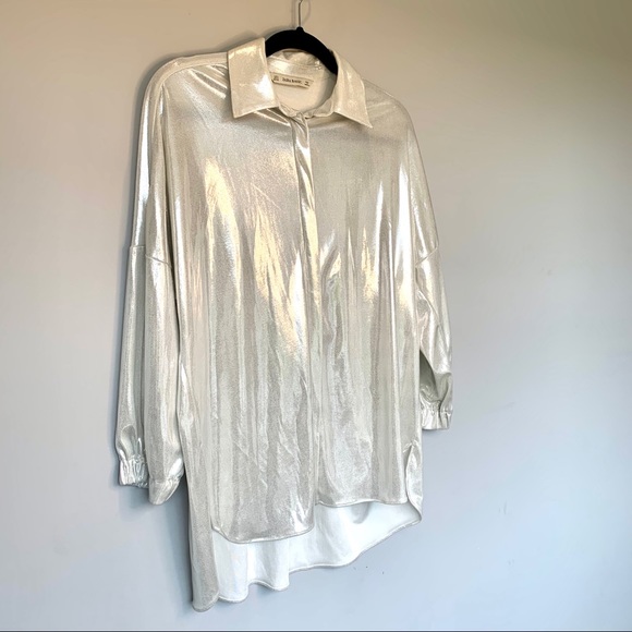 Zara Tops - 2/$40 ZARA BASIC White Shimmery Blouse Button Down